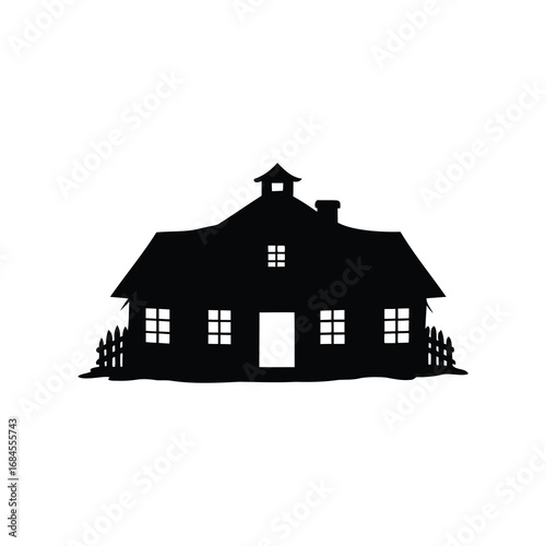 Silhouette of a large farmhouse with many windows and a chimney, farmhouse silhouette vector illustration
