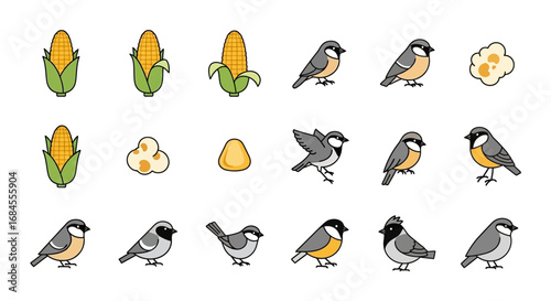 Vector illustration showcases varied songbirds alongside autumnal harvest elements