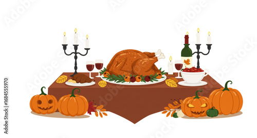 Dinner table with roasted turkey, candles, and pumpkin