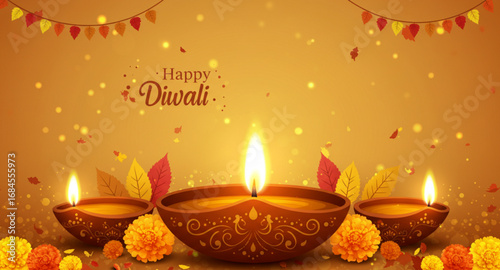 Diwali vector illustration with oil lamps background 