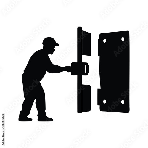 Silhouette of a worker installing a door latch, fitting and adjustment, installing hinges silhouette vector illustration