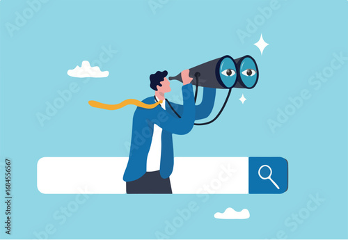 Search and discovery career or job opportunity, looking for job vacancy, marketing insight, find new success, research or observation concept, businessman look with spyglass, binoculars on search bar