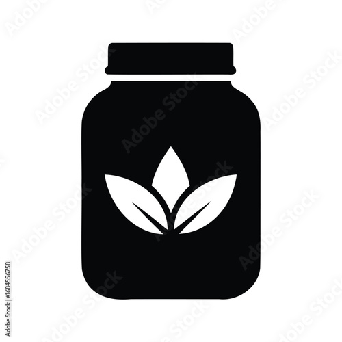 Black herbal supplement bottle icon with three leaves on white background, plant based protein jar silhouette vector illustration