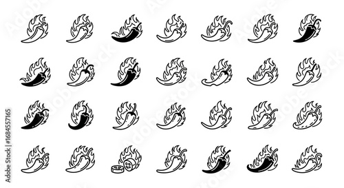 Fiery food illustrations: A pattern of burning chili peppers conveying extreme spice levels