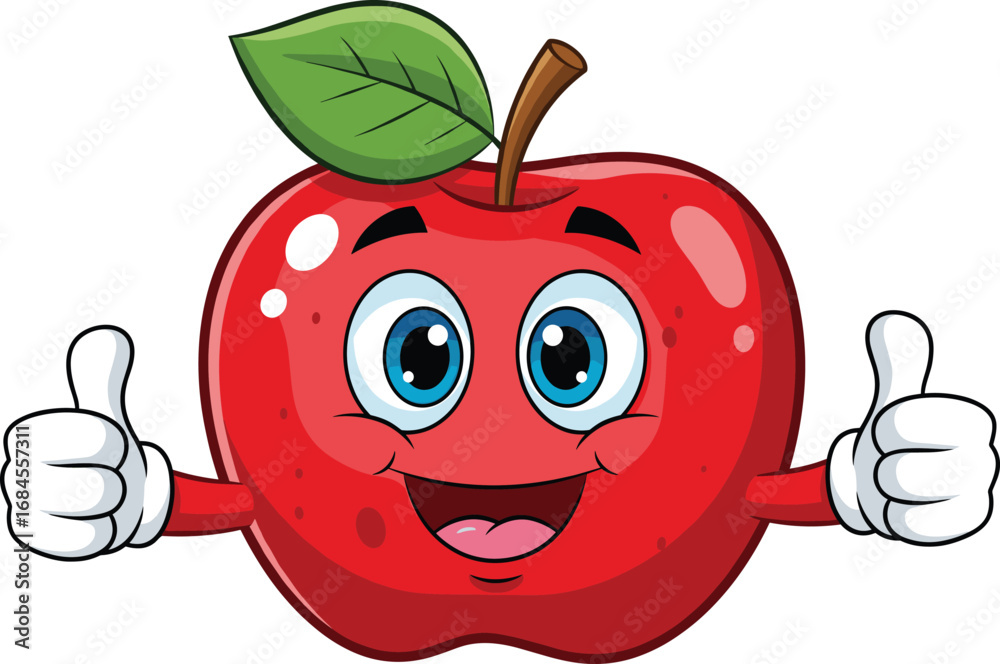 Obraz premium Cheerful cartoon apple character with thumbs up, healthy fruit mascot illustration, cute vector art for children, food, and education themes