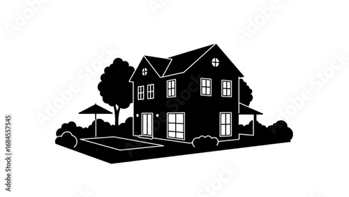 Solid Black Modern Home Silhouette Icon with Garden, Pool, and Lights – Minimalist Real Estate Logo, Simple Graphic Design