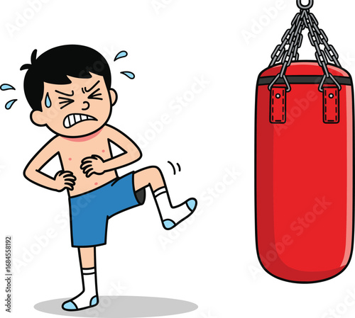 Cartoon boy practicing martial arts kickboxing with punching bag, intense expression, gym training scene for children’s sport or fitness themes