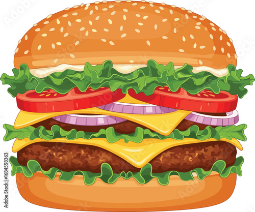 Realistic cheeseburger vector illustration with fresh ingredients including lettuce, tomato, onion, cheddar cheese, beef patty, and sesame bun
