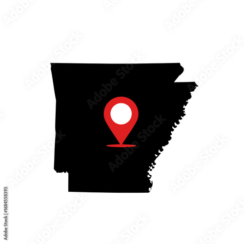 Arkansas state map with navigation pinpoint icon symbolizing location and destinations