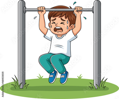Cartoon child hanging from pull-up bar with tears and sweat, vector illustration for children’s exercise, effort and determination themes