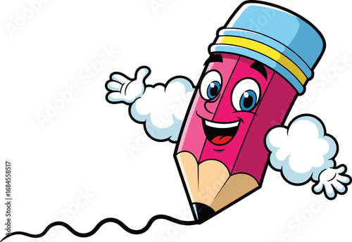 Cartoon pink pencil character drawing line, cheerful face with blue eyes and gloves, vector illustration for kids and creative design