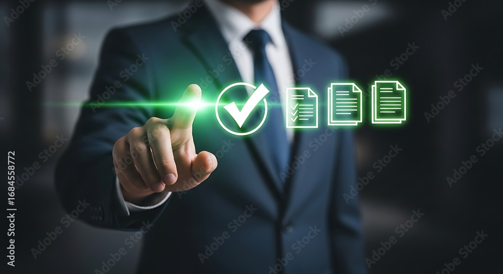 Obraz premium Businessman approves checklist and documents with glowing digital interface technology
