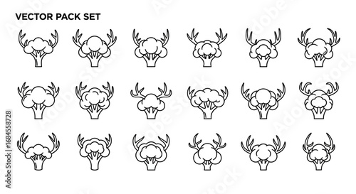 Collection of creative broccoli icons adorned with stylized deer antlers illustration