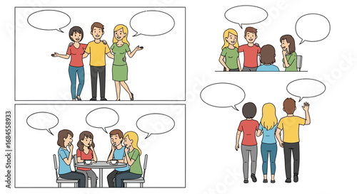 Hand-drawn cartoon illustration featuring groups of young people interacting with speech bubbles