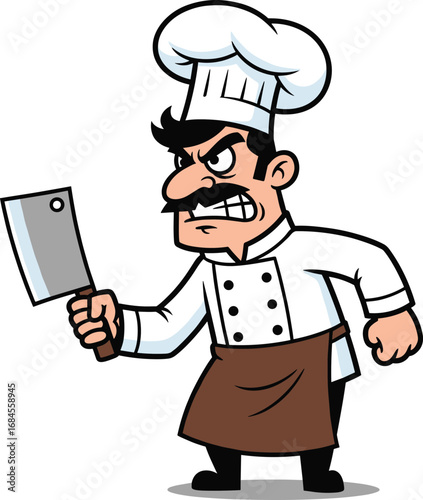 Angry cartoon chef with meat cleaver, humorous kitchen character illustration, expressive vector art for cooking, satire, and food themes