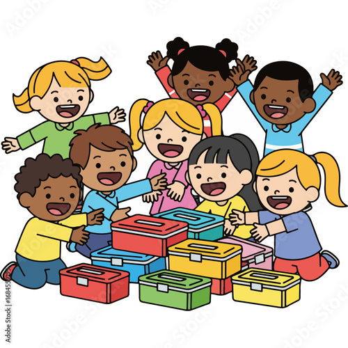 Children happily sit together with colorful lunch boxes during tiffin time — ideal for use in preschool campaigns, child health awareness, and school brochures.
