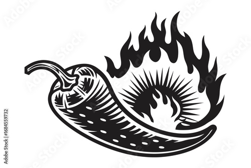 Fiery Black Silhouette Pepper Ablaze with Flames on White Background