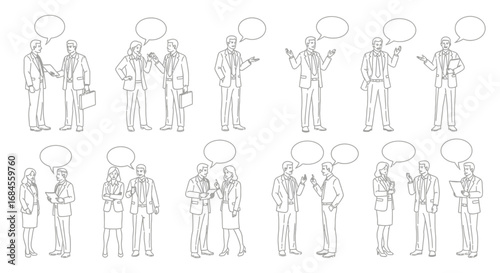Line art drawing of business professionals in discussions with blank speech bubbles offering