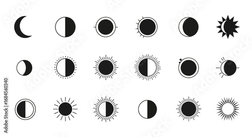 Lunar and Solar Phases: A Celestial Sequence of Illuminated Shapes in Black and White