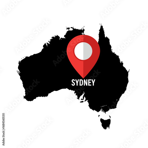 Australia's pinpointed location of Sydney highlighted on the continental map view
