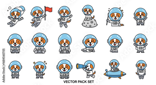 Collection of adorable cartoon dogs as astronauts exploring the galaxy with fun