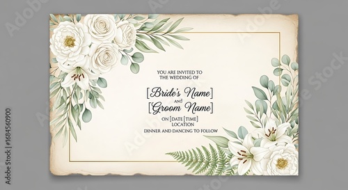 Elegant wedding invitation with white roses, lilies, eucalyptus, and a golden frame
