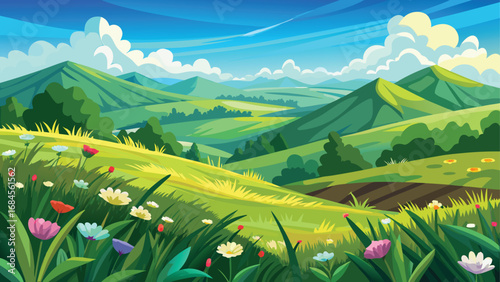 A beautiful rural landscape scene with green hills and valleys covered with meadows and wildflowers under a cloudy summer sky