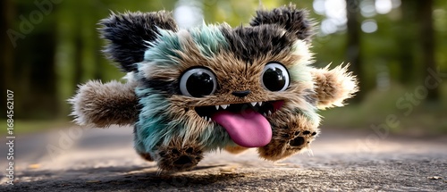 Playful furry creature with large eyes and tongue out, running on a path