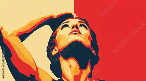 Strong female portrait in retro style with red yellow cream background, Ai Generate 