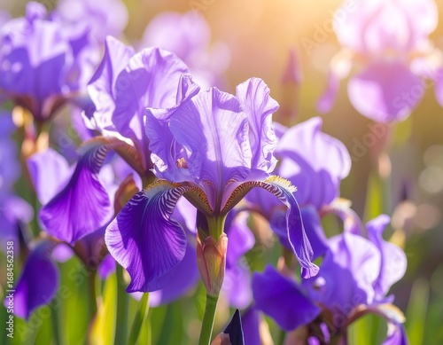 Blooming purple irises in sunlight