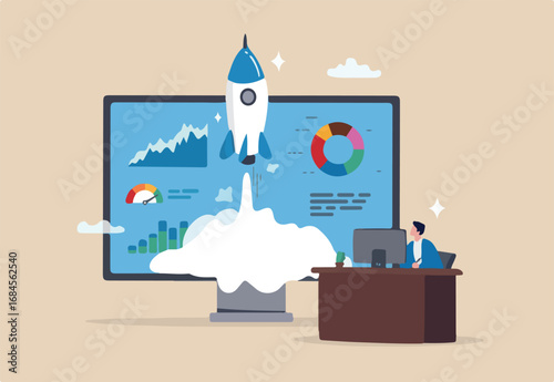 Start online business, website analytics, building internet e-commerce, marketing optimization dashboard chart diagram, smart online strategy, businessman working with computer launch website rocket