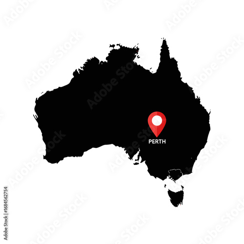 Australia map illustration, perth indicated with a location pin highlighting western city