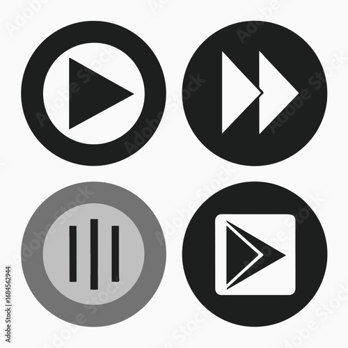 Vector artwork of black circular media control buttons including play pause and forward icons