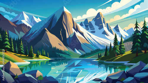Mountain landscape with a serene lake reflecting the surrounding peaks under a clear summer sky
