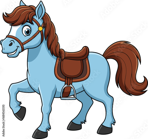 Cartoon Blue Horse with Saddle, Happy Expression, Raised Leg Pose, Cute Animal Character for Kids, Educational, Farm, Fantasy, Vector Art