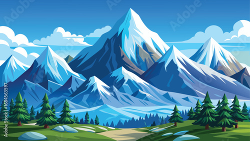 Summer landscape with snow-capped mountain peaks, green hills, and blue sky
