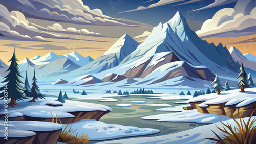 A panoramic winter landscape of snow-capped mountains and a frozen lake with a festive Christmas tree