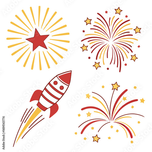 Vector illustration of colorful fireworks rockets exploding in festive celebration style