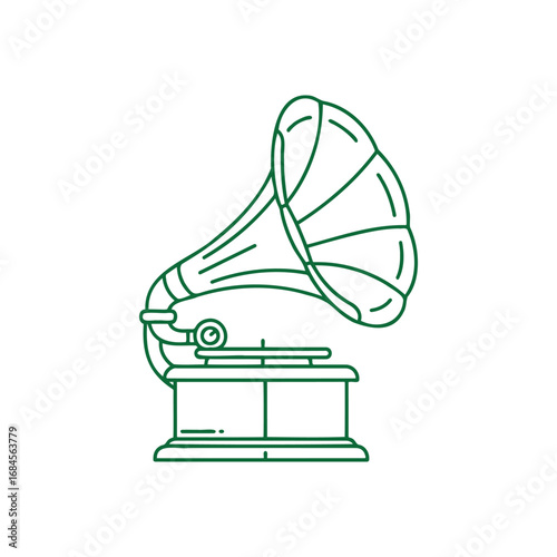 Vintage Gramophone Icon with Green Outline on White Background.