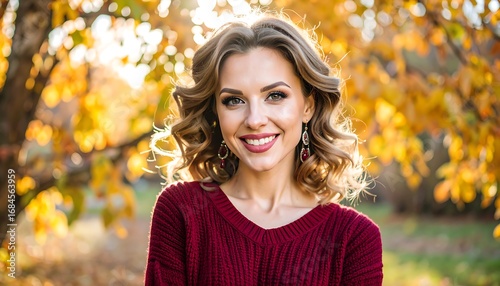 A woman with warm autumnal colors, wearing a burgundy sweater and adorned with jewels, smiles warmly outdoors.