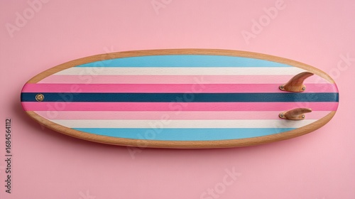 Pastel pink, blue, and white striped surfboard on pink background. Top view.