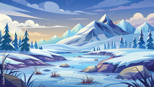 A breathtaking panoramic view of a snowy winter mountain landscape with a frozen lake under a vast, cold sky