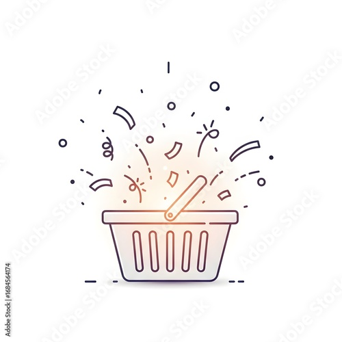 Minimalist line art of a celebratory shopping basket with an explosion of confetti, symbolizing a special prize, successful purchase, or e-commerce reward