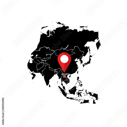 Geographic depiction of asia with a prominent marker at jakarta capital of indonesia