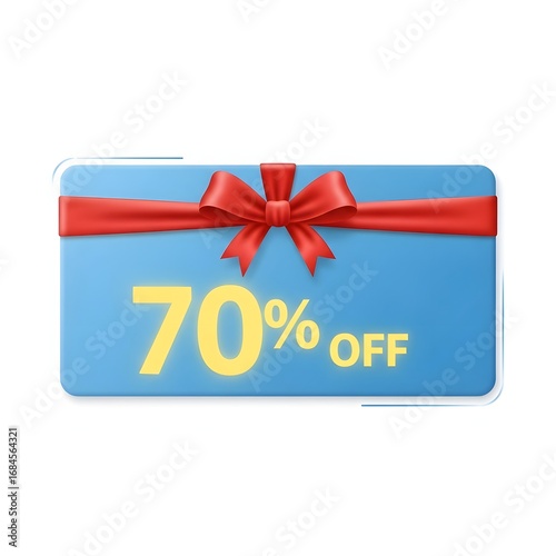A festive blue gift card with a seventy percent discount and a vibrant red bow. An isolated 3D coupon concept for holiday sales, marketing promotions, and special offers