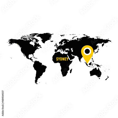 Stylized world map depicting sydney australia with golden pin signifying location