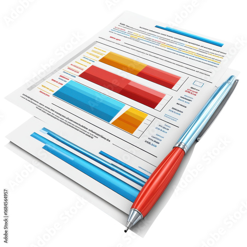 Detailed financial report showing bar graphs and data analysis with a red pen resting on top ideal for business presentations and strategic planning on transparent background