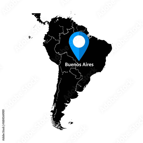 South American map illustrating Buenos Aires location with a stylized pointer icon