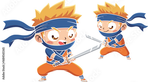 Cartoon ninja duel vector illustration with blond-haired characters in blue outfits, sword fight action pose, playful combat scene, and energy