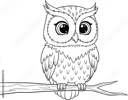 Cartoon owl line drawing perched on branch, expressive eyes and feather details, black and white vector for coloring and education